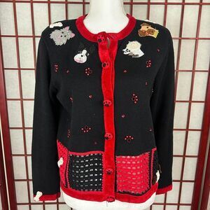 Vintage 90s Black Red Dog Embellished Funky Cardigan Sweater Medium